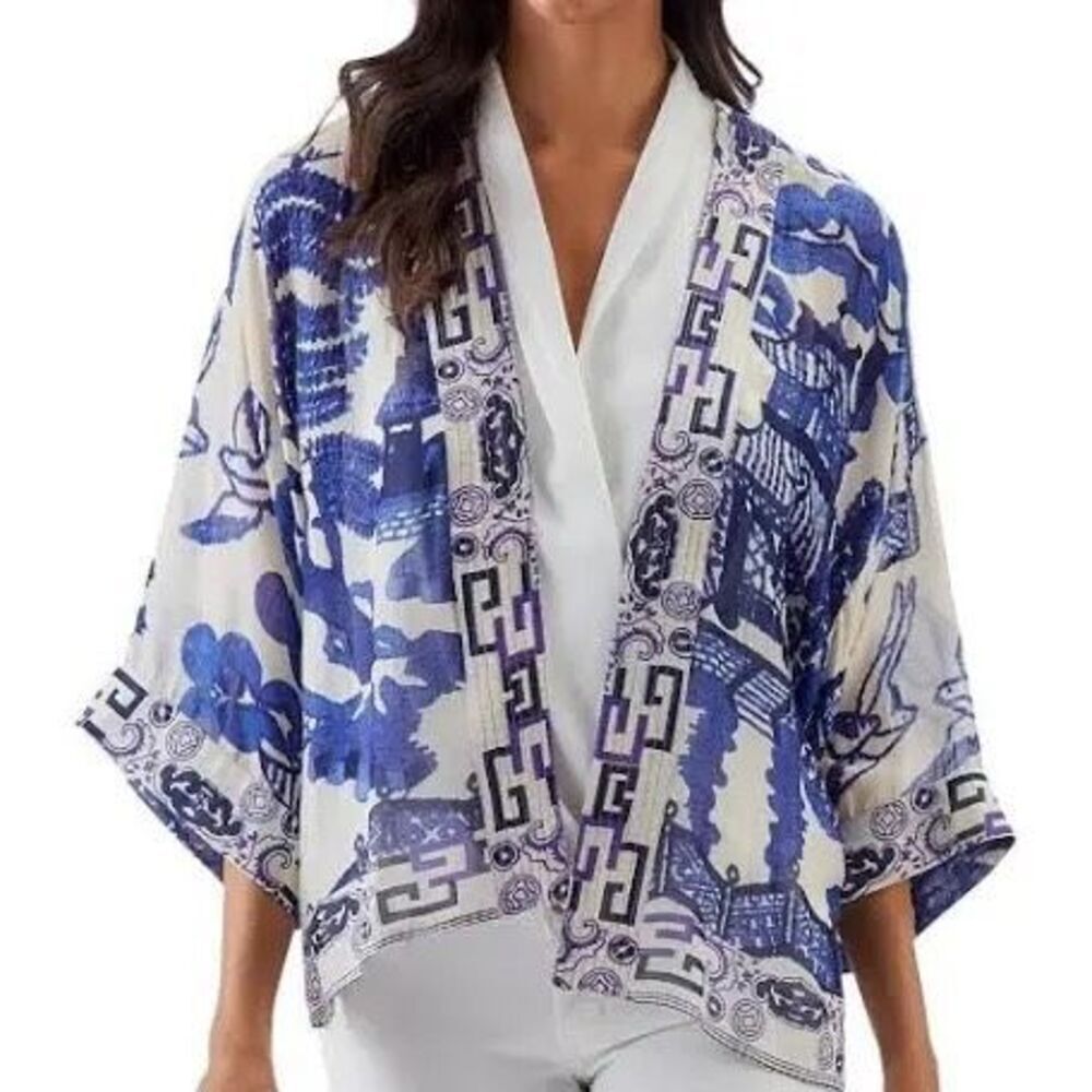 One Hundred Stars Blue White Giant Willow Print Asian Open Front Kimono One Size